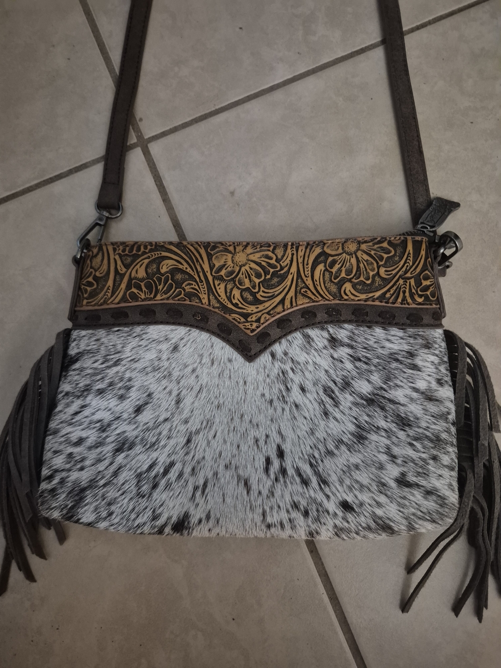 Tooled Leather & Hair-On Hide Fringe Crossbody Bag in Brown and White